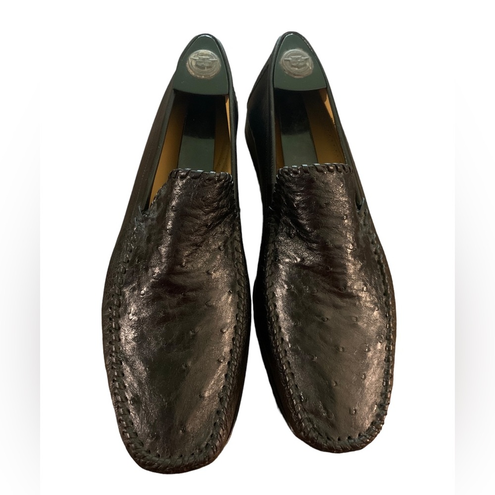 MEZLAN Mens Black Leather Loafers Genuine Exotic Ostrich Size 9.5M